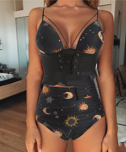 New Swimsuit High Waist Split Sun and Moon Print Bikini