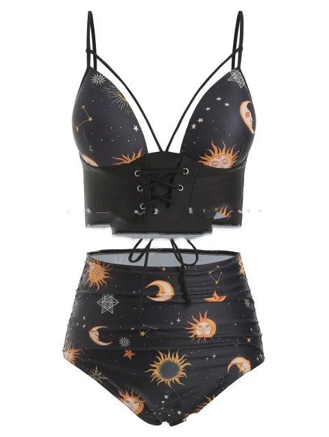 New Swimsuit High Waist Split Sun and Moon Print Bikini