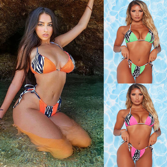 Multicolor Stitching Striped Sexy Bikini Swimsuit