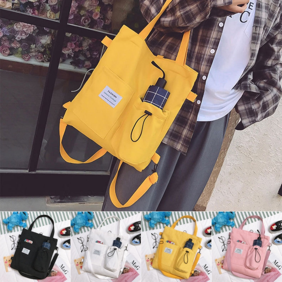 Harajuku Canvas Bags Students Handbag With Pockets Preppy Buckpack Shoulder Bag For Women