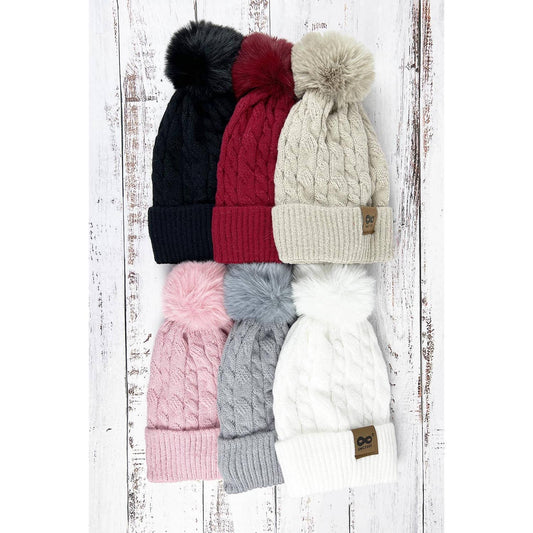 WINTER COLOR KNITTED BEANIE HAT WITH POMPOM - ASSORTED