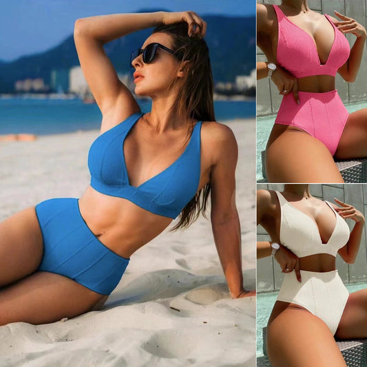 New European And American Swimwear Split High Waist Solid Color